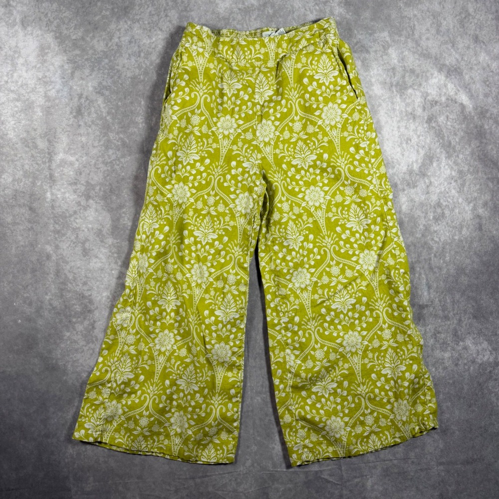 Joie Women S Green White Damask Floral 100% Linen Wide Leg Crop Pants Coastal